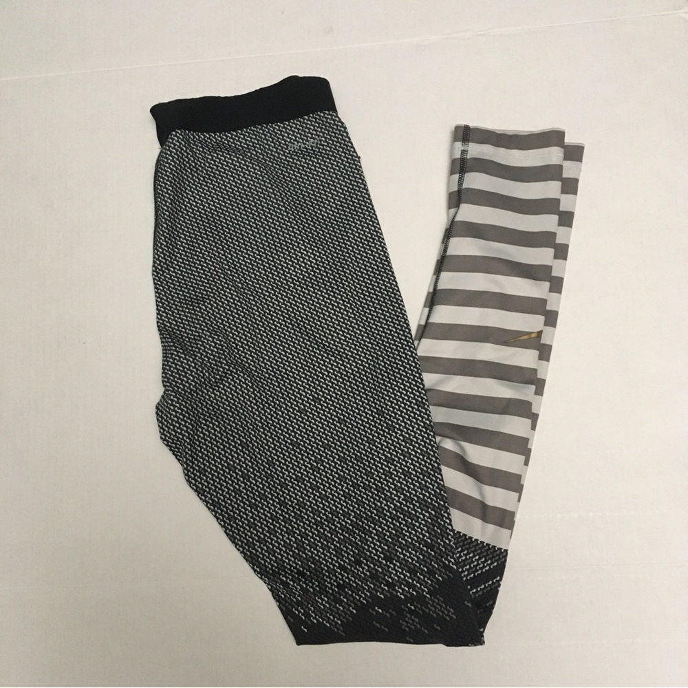 Nike Pro Dri Fit Women’s Medium Leggings Black, White & Gold Swoosh Mixed Print